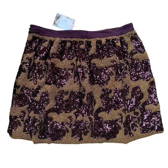 Club Monaco Beaded Sequined Mini Skirt Wine Burgundy Gold Size 10 - Picture 2 of 6